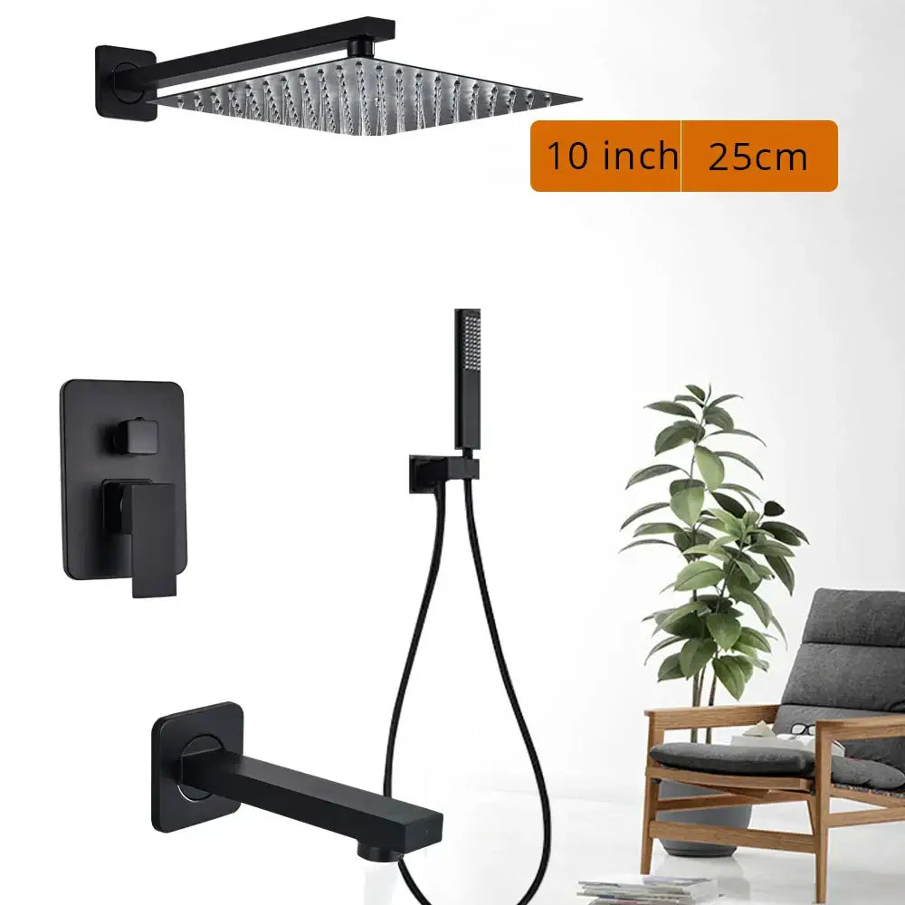 Modern matte black rainfall shower head and faucet bathroom set