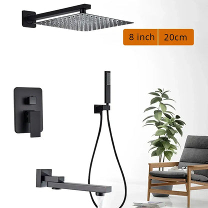 Modern matte black rainfall shower head and faucet bathroom set