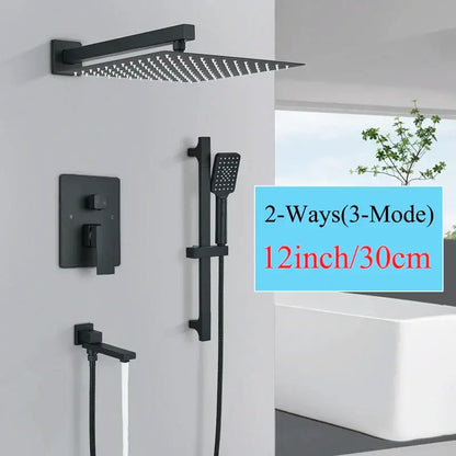 Modern matte black rainfall shower with slider bar bathroom set