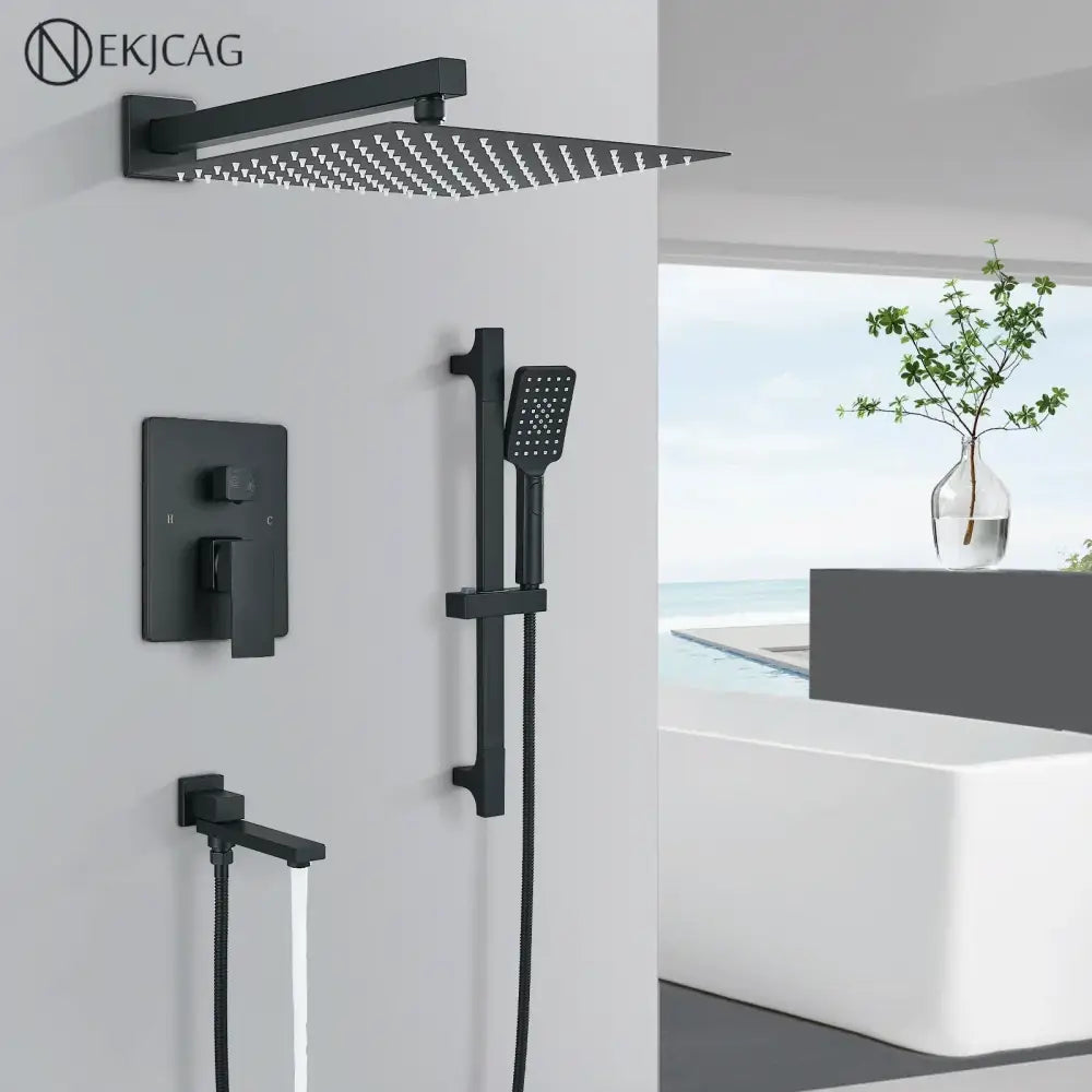 Modern matte black rainfall shower with slider bar bathroom set