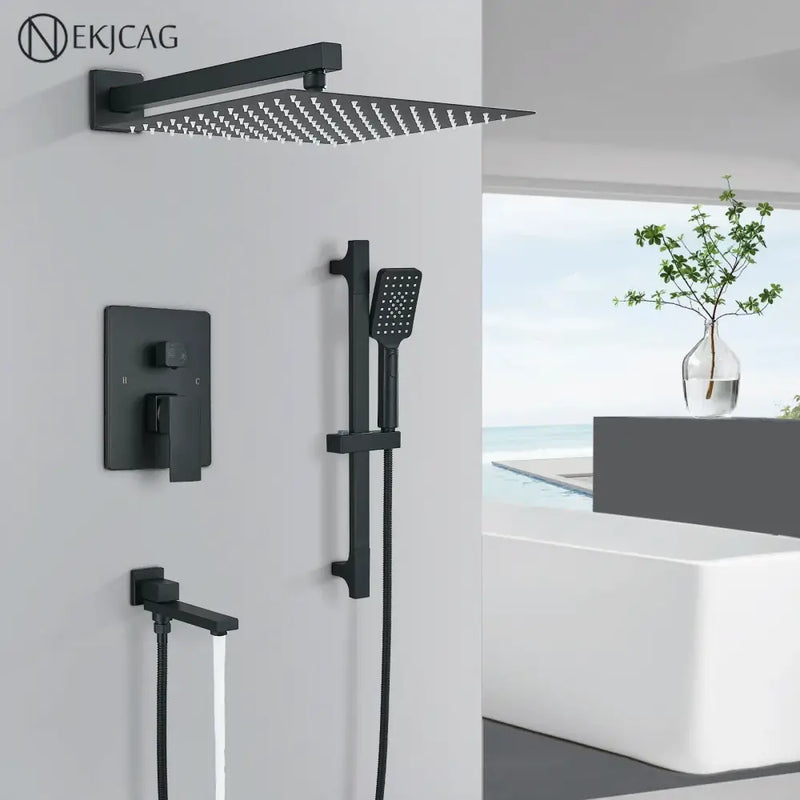 Modern matte black rainfall shower with slider bar bathroom set
