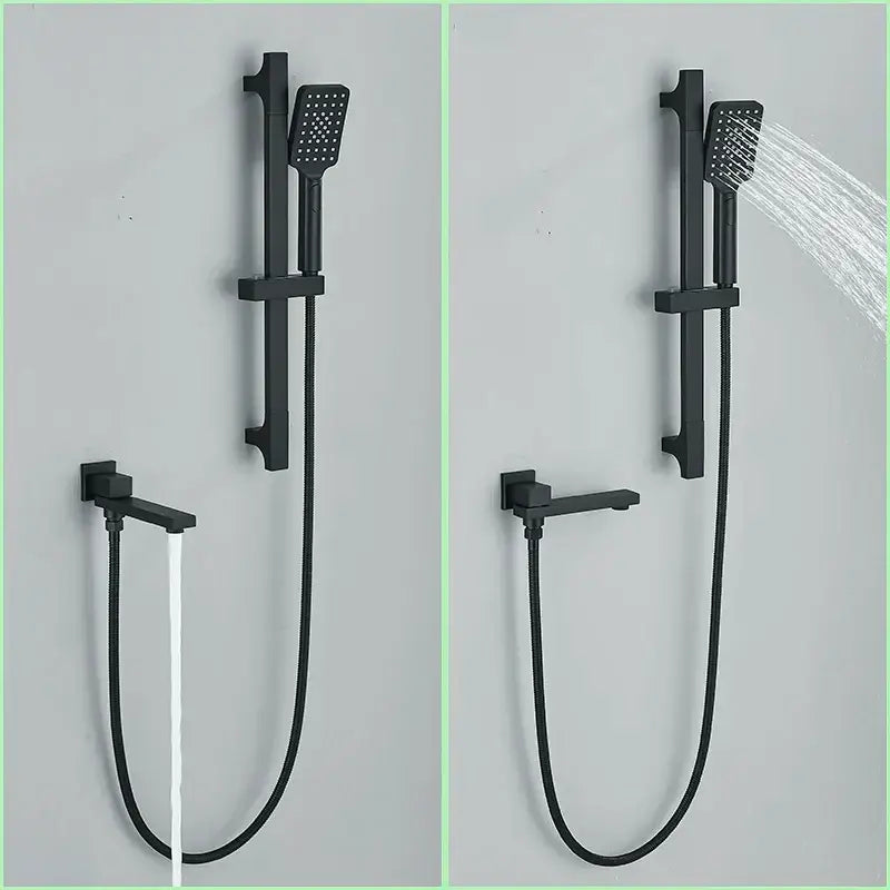 Modern matte black rainfall shower with slider bar bathroom set