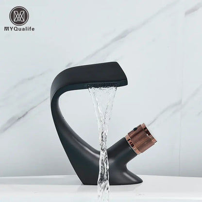Modern matte black & rose gold brass basin faucet bathroom waterfall tap