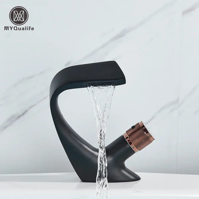 Modern matte black & rose gold brass basin faucet bathroom waterfall tap