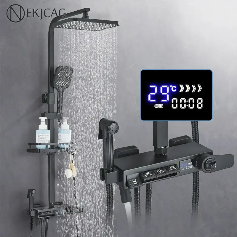 Modern matte black shower faucet set bathroom digital rainfall column