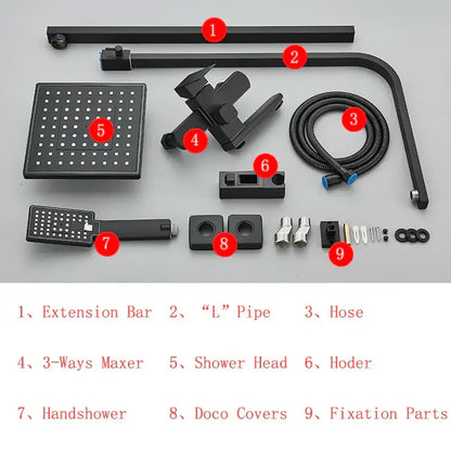 Modern matte black shower faucet set with waterfall bathtub tap