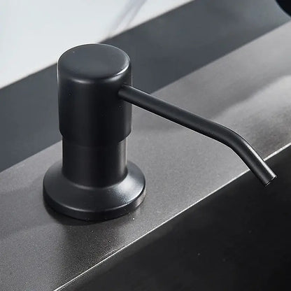 Modern matte black soap dispenser with stainless steel head kitchen