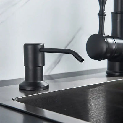 Modern matte black soap dispenser with stainless steel head kitchen