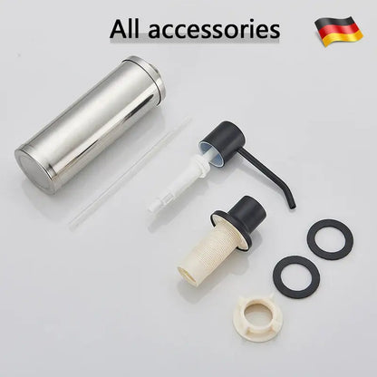 Modern matte black soap dispenser with stainless steel head kitchen