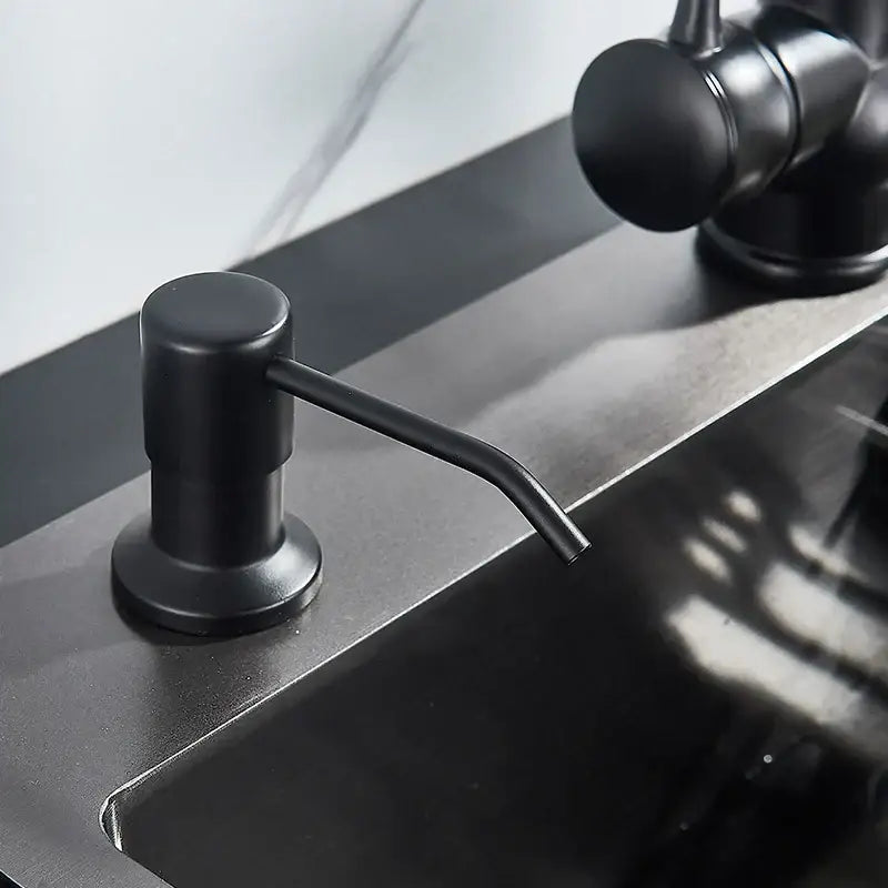 Modern matte black soap dispenser with stainless steel head kitchen