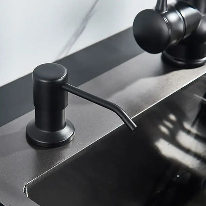 Modern matte black soap dispenser with stainless steel head kitchen