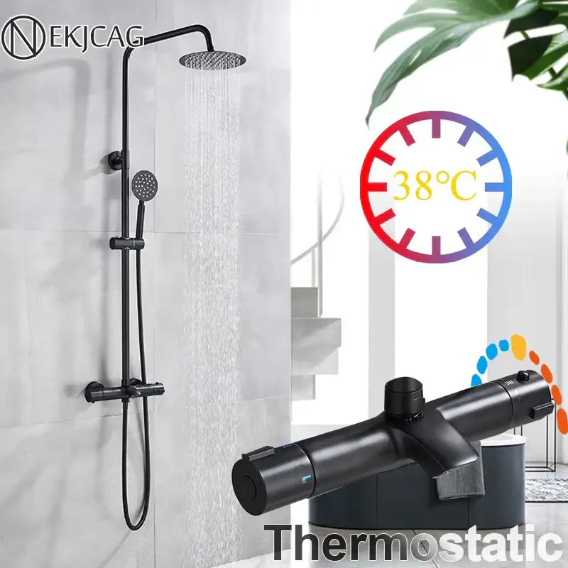 Modern matte black thermostatic shower faucet set bathroom rainfall head