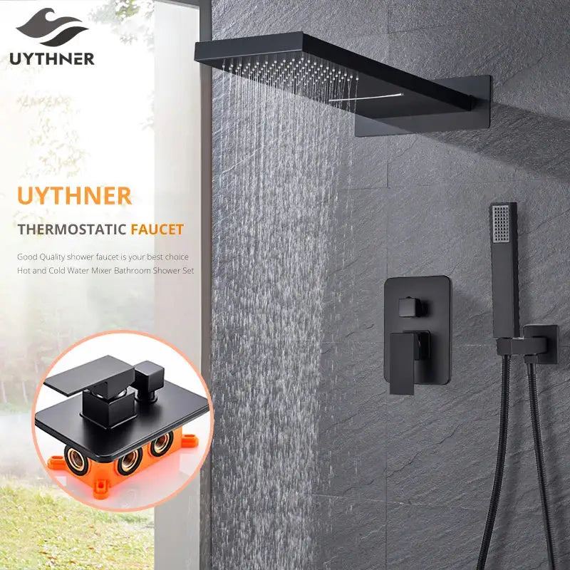 Modern matte black thermostatic shower faucet set bathroom rainhead