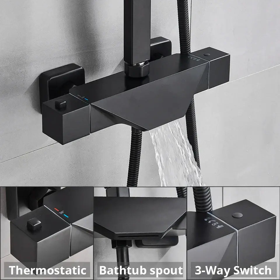 Modern matte black thermostatic shower faucet system for bathroom