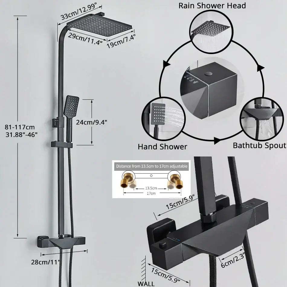 Modern matte black thermostatic shower faucet system for bathroom