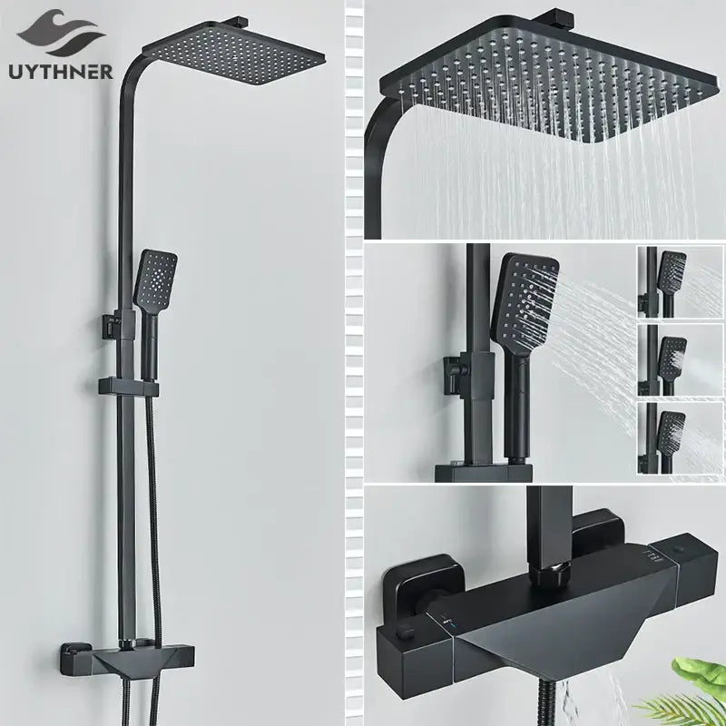 Modern matte black thermostatic shower faucet system for bathroom