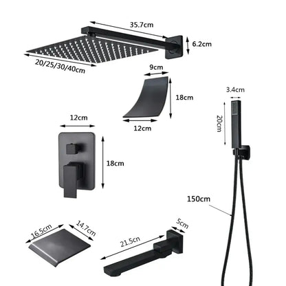 Modern matte black wall mounted rainfall shower with tub spout bathroom