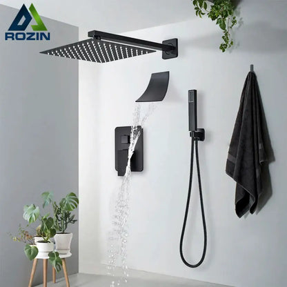 Modern matte black wall mounted rainfall shower with tub spout bathroom