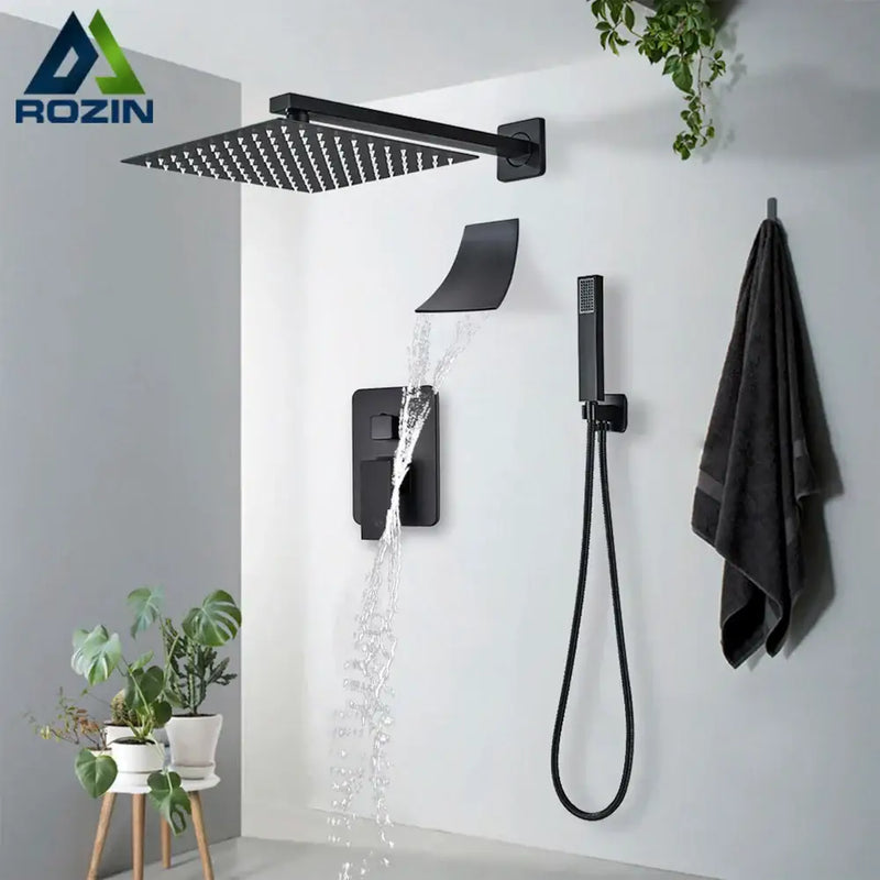 Modern matte black wall mounted rainfall shower with tub spout bathroom