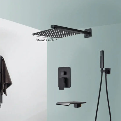 Modern matte black wall mounted rainfall shower with tub spout bathroom