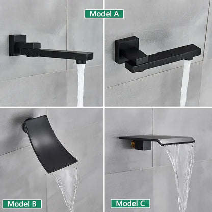 Modern matte black wall mounted rainfall shower with tub spout bathroom