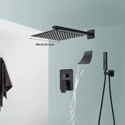 Modern matte black wall mounted rainfall shower with tub spout bathroom