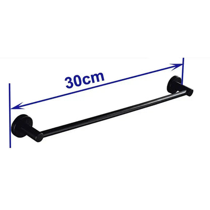 Modern matte black wall mounted towel bar with wood accents bathroom