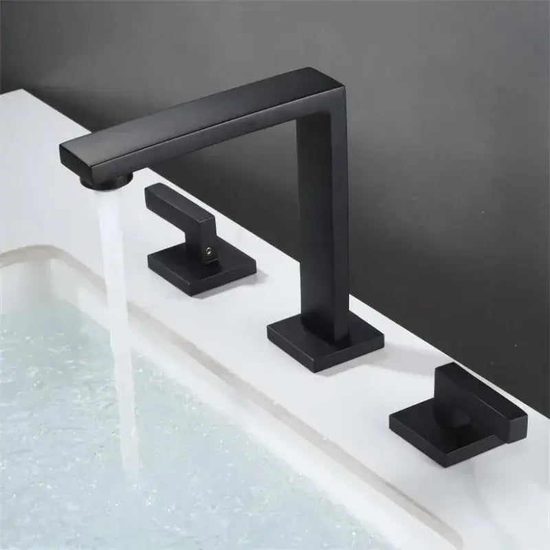 Modern matte black waterfall basin faucet bathroom three handle square