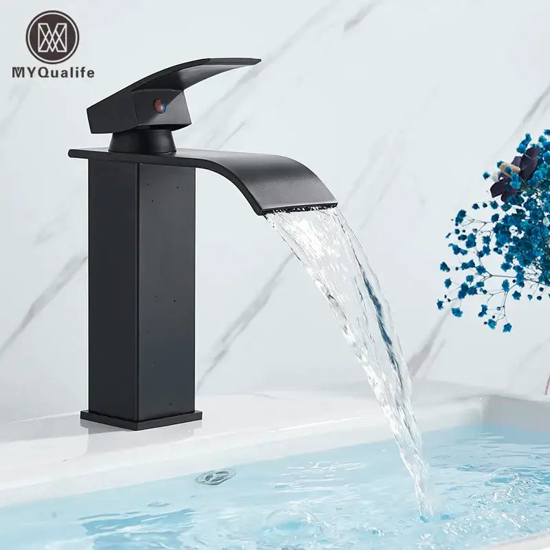 Modern matte black waterfall basin faucet mixer tap bathroom vessel sink
