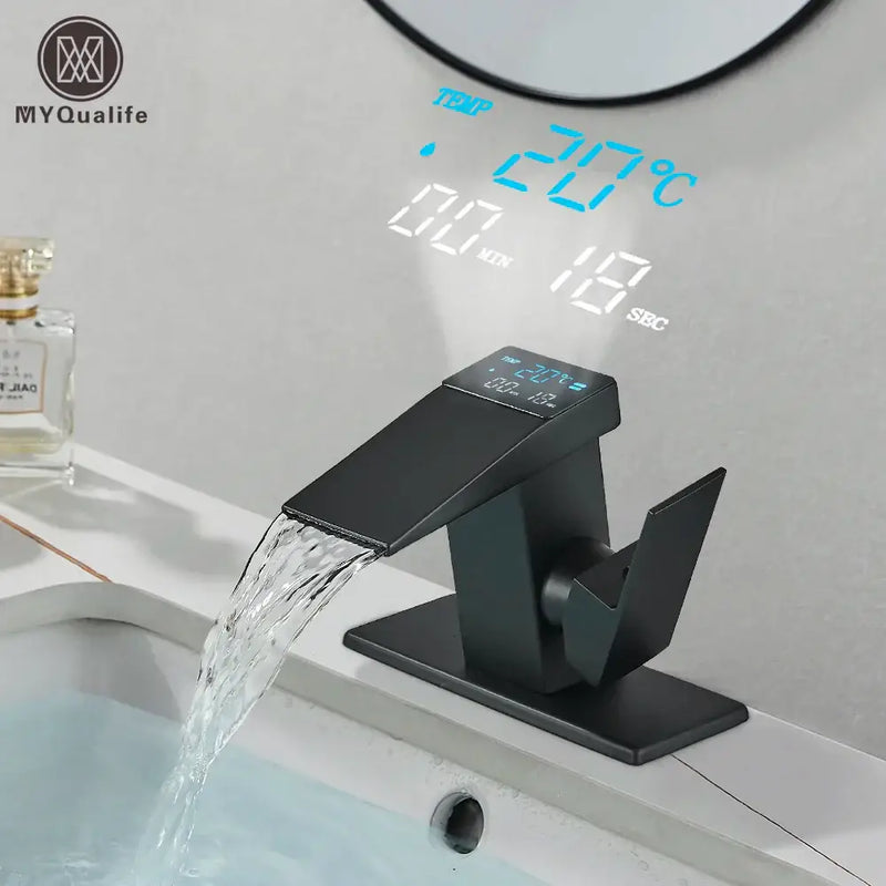 Modern matte black waterfall bathroom faucet with temperature display