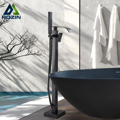 Modern matte black waterfall bathtub faucet with handheld shower bathroom