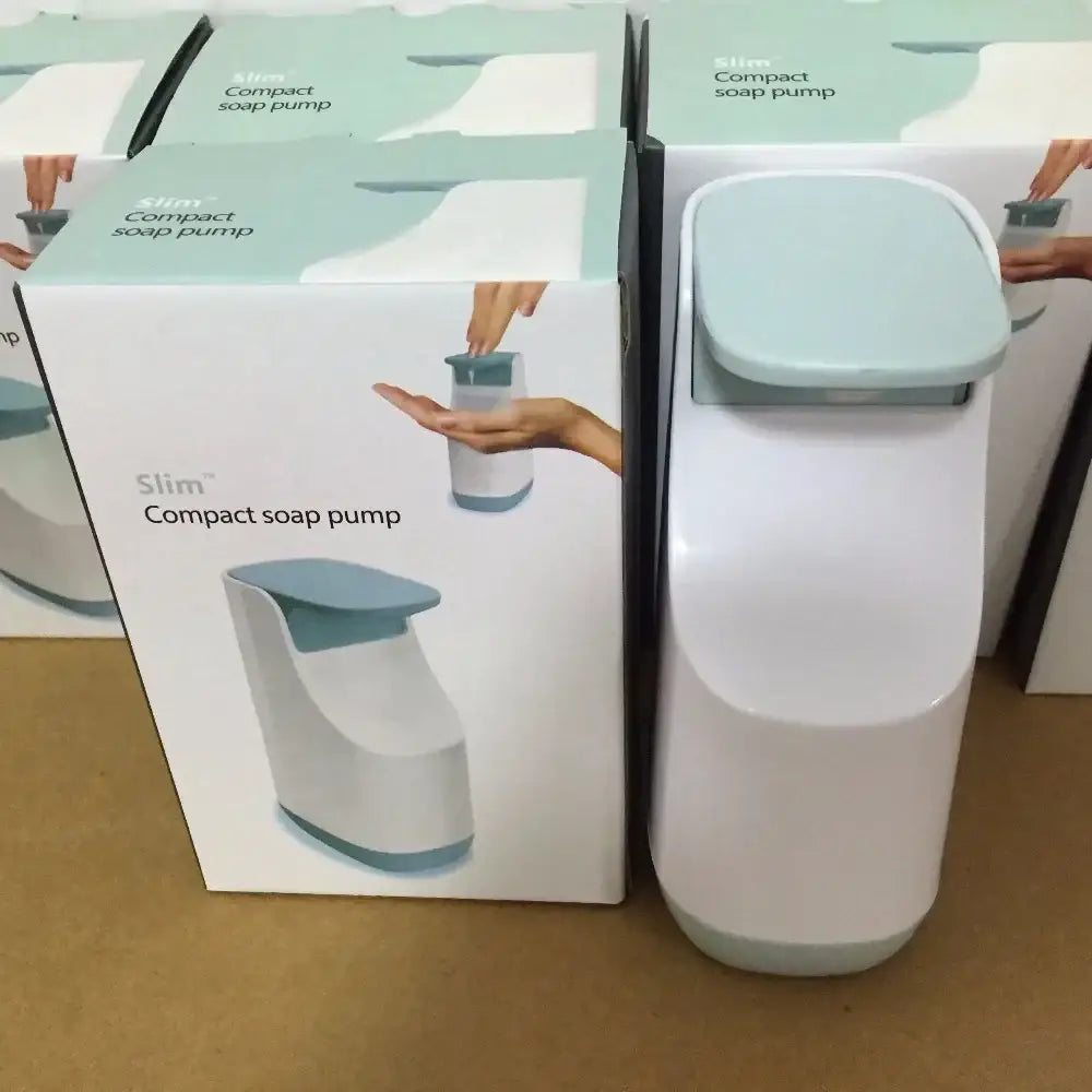 Modern matte white & teal soap pump dispenser kitchen space saving
