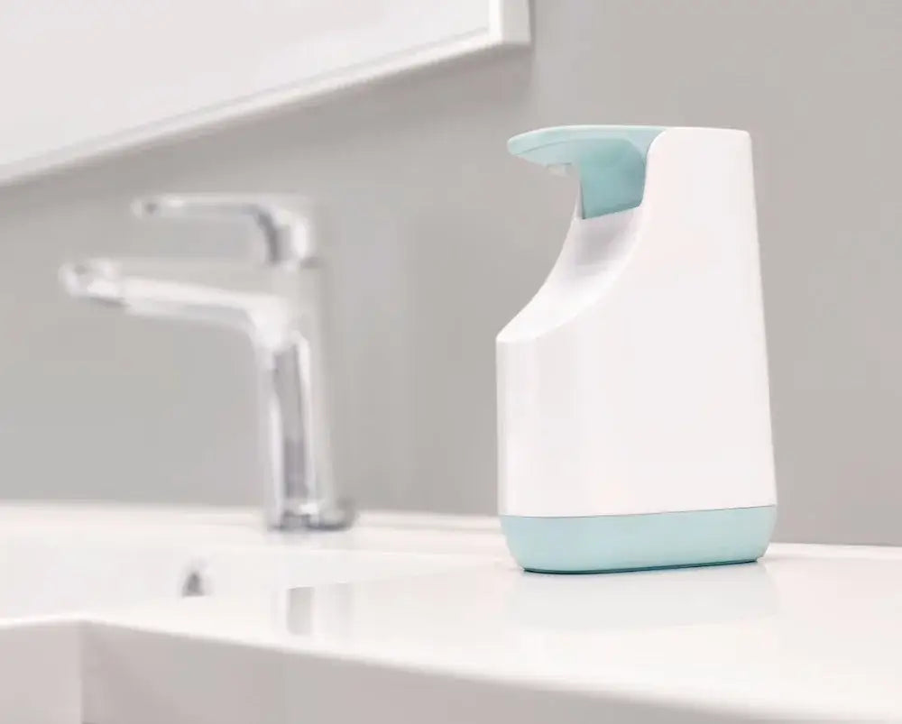 Modern matte white & teal soap pump dispenser kitchen space saving
