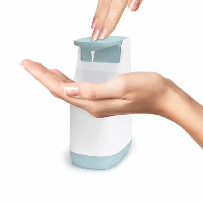 Modern matte white & teal soap pump dispenser kitchen space saving