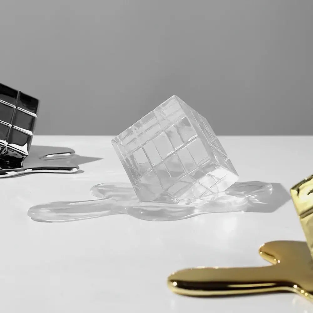 Modern melting geometric gold resin cube living room sculpture
