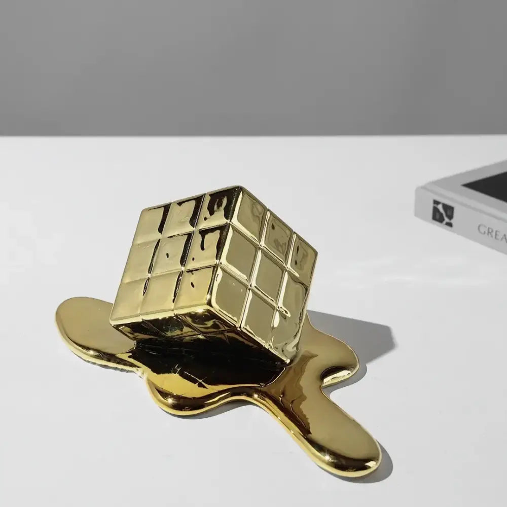 Modern melting geometric gold resin cube living room sculpture