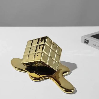 Modern melting geometric gold resin cube living room sculpture
