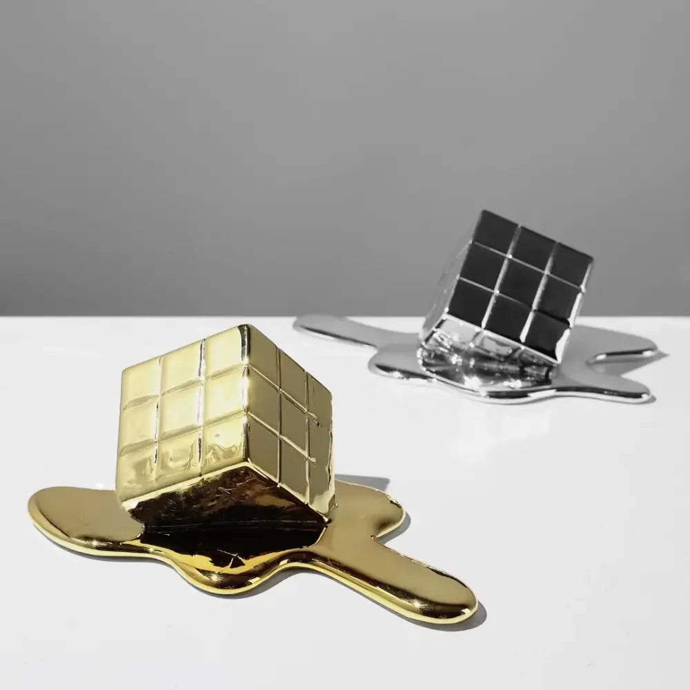 Modern melting geometric gold resin cube living room sculpture