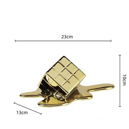 Modern melting geometric gold resin cube living room sculpture