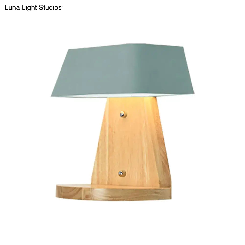 Modern metal trapezoid wall sconce with wooden backplate living room