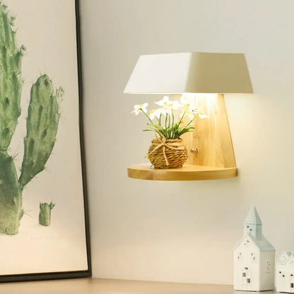 Modern metal trapezoid wall sconce with wooden backplate living room
