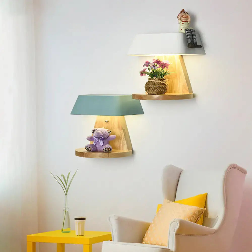 Modern metal trapezoid wall sconce with wooden backplate living room