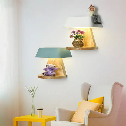 Modern metal trapezoid wall sconce with wooden backplate living room