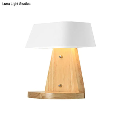 Modern metal trapezoid wall sconce with wooden backplate living room