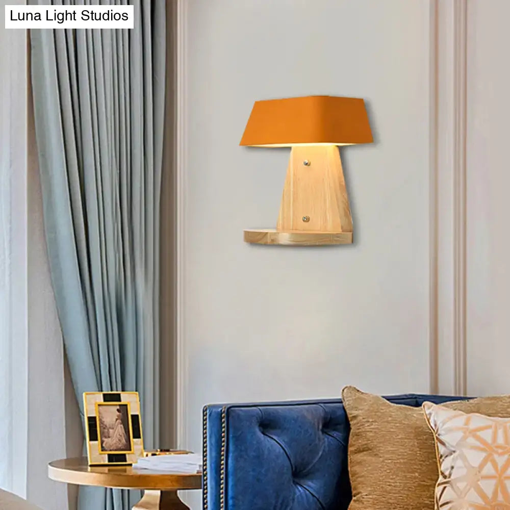 Modern metal trapezoid wall sconce with wooden backplate living room