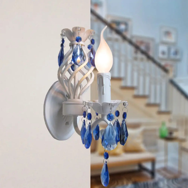 DecorBites™ Modern Metal Wall Light with Exposed Bulb, White Lamp with Blue Crystal Draping