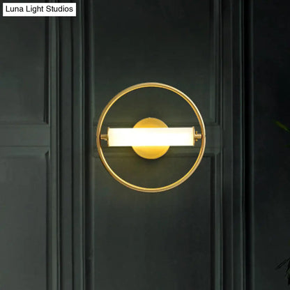 DecorBites™ Modern Metallic LED Wall Sconce Lamp with Opal Glass Shade - Ring Bedside Fixture in Brass