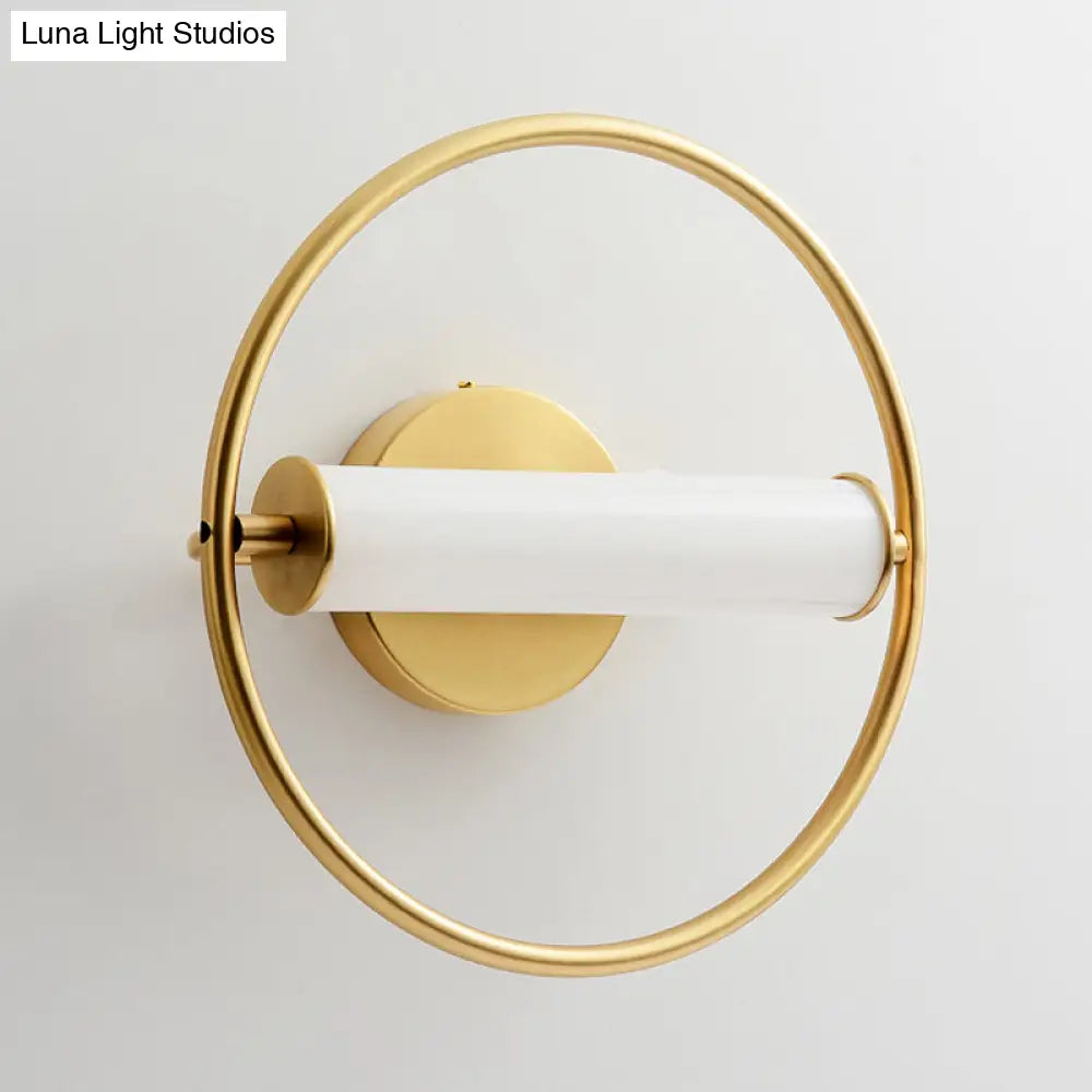 DecorBites™ Modern Metallic LED Wall Sconce Lamp with Opal Glass Shade - Ring Bedside Fixture in Brass