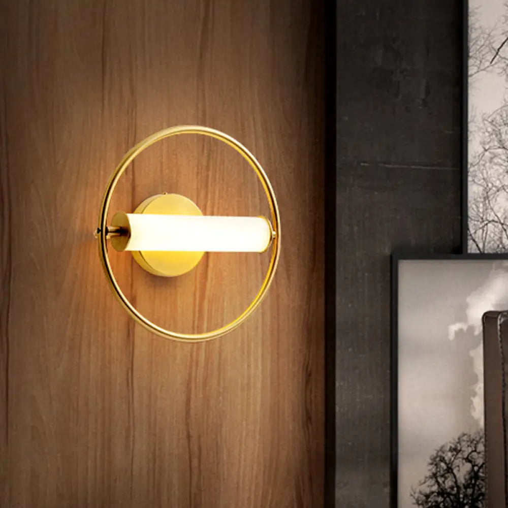 DecorBites™ Modern Metallic LED Wall Sconce Lamp with Opal Glass Shade - Ring Bedside Fixture in Brass