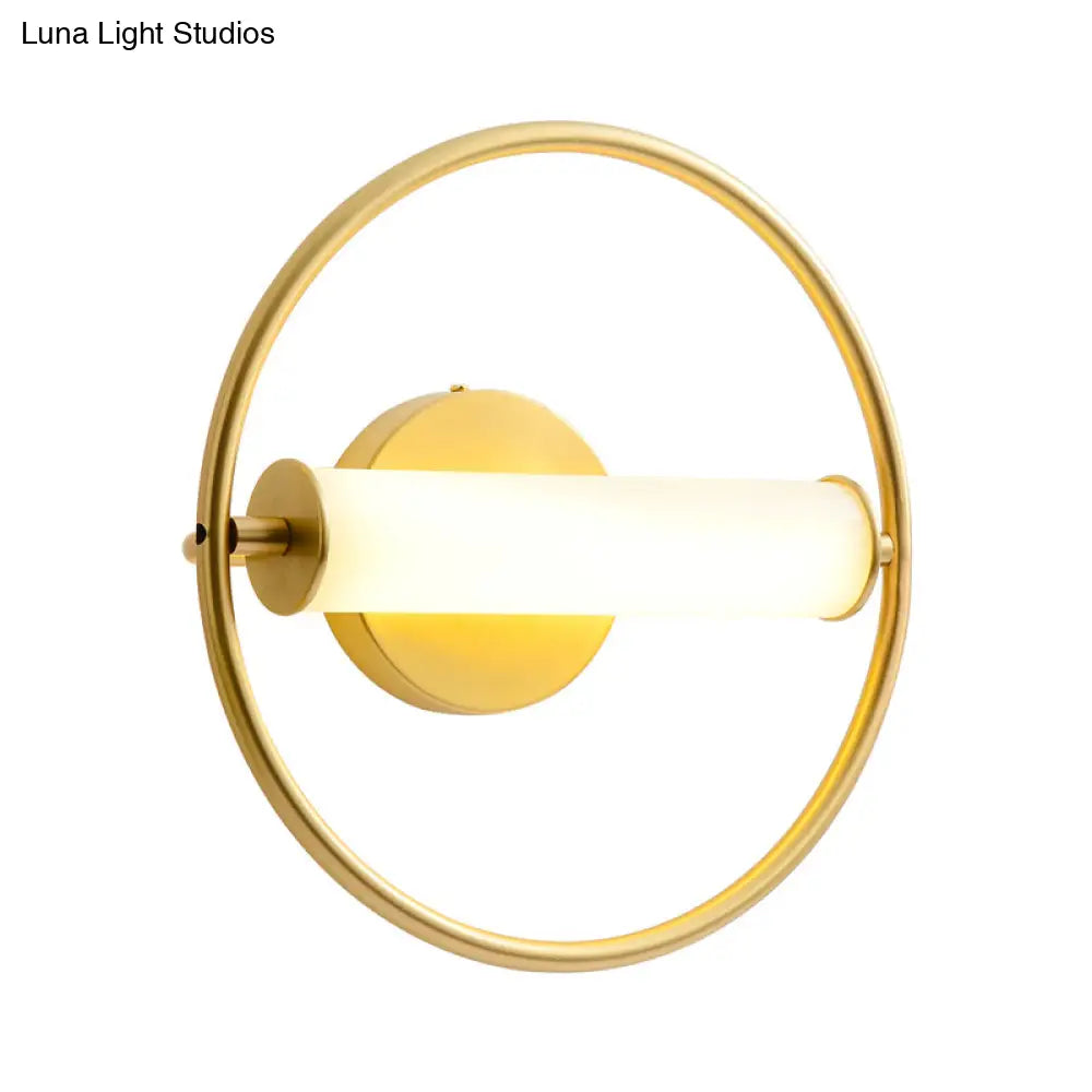 DecorBites™ Modern Metallic LED Wall Sconce Lamp with Opal Glass Shade - Ring Bedside Fixture in Brass